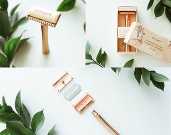 Women's Rose Gold Safety Razor & 10 Blades, Eco Shaving Kit, Zero Waste Bathroom, Sustainable Gifts for Her, Eco Friendly Home, Self Care