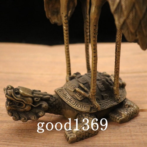 Chinese antiques Pure hand-carved brass Crane stepping on tortoise shops ornament.96