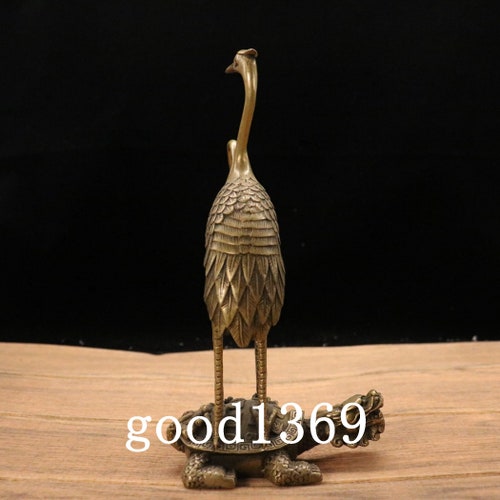 Chinese antiques Pure hand-carved brass Crane stepping on tortoise shops ornament.96