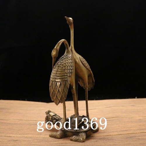 Chinese antiques Pure hand-carved brass Crane stepping on tortoise shops ornament.96