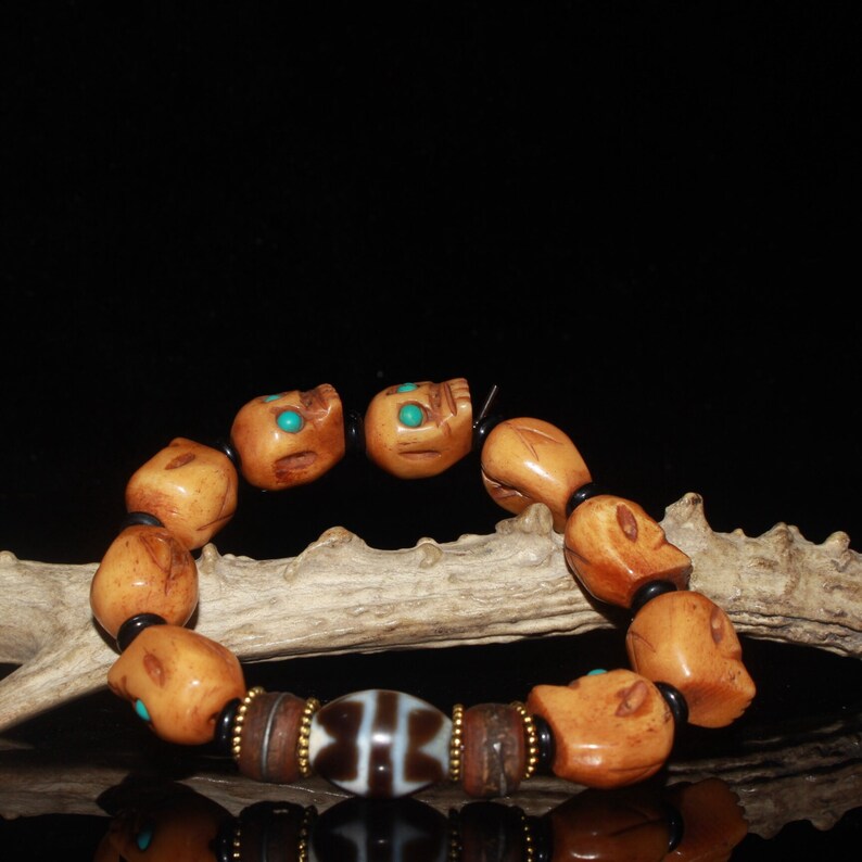 Early collection of gemstone ox bone skull dzi bracelet ornaments