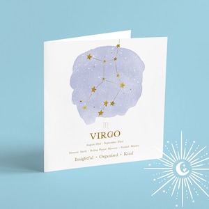 Virgo Greetings Card, Happy Birthday, Star Sign, Blank Card, Zodiac Art, Celestial Print, Virgo Gift, Personalised Card