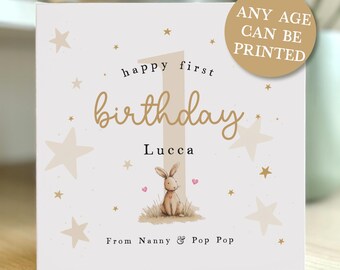 First Birthday Personalised Card for a Baby Girl or Baby Boy. Happy 1st Birthday. Bunny Card. Card for Daughter, Card for Son.