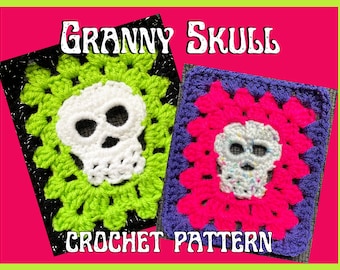 May include: Two crochet granny square patterns featuring a skull design. One square is green with a white skull, the other is pink with a white skull with colorful accents. The text "Granny Skull Crochet Pattern" is below the squares.