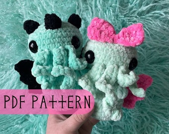 May include: Two crocheted amigurumi octopus plushies, one with a pink bow and the other with black wings. The plushies are teal green and have black eyes. The text "PDF PATTERN" is visible in the image.