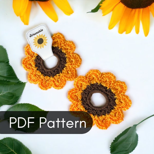 Herunterladbare PDF-Datei, Sonnenblumen Scrunchie Häkelanleitung