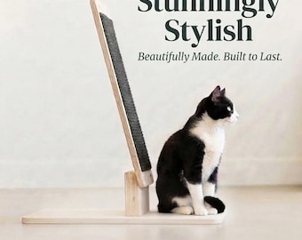 May include: A light-colored wooden cat scratching post with a dark gray textured surface, featuring the text "Stunningly Stylish" and "Beautifully Made. Built to Last." A black and white cat sits next to the vertical scratching board.