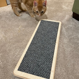 May include: A gray cat scratching post with a wooden frame. The scratching post is covered in a gray carpet-like material. The post is on a beige carpet.