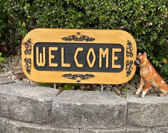 WELCOME Sign - Solid Sealed Wood - w/ Anchoring Post