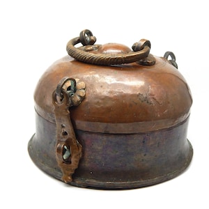 Antique Indian Pan Dan (paan dan) with accessories. Beaten and fashioned copper with bronze handle, engraved. C1910. UK delivery.
