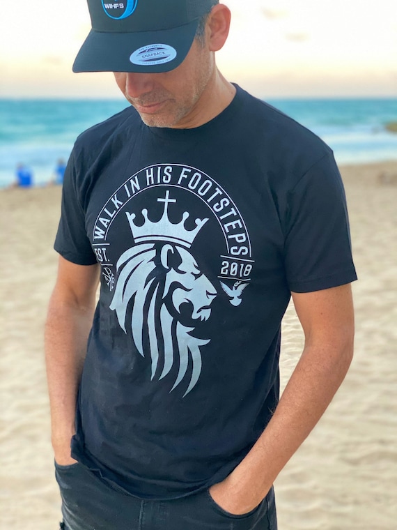 Walk In His Footsteps. Lion of Judah Tee. Premium Men's/Unisex Christian T-Shirt. Men's Lion Shirt. Christian Apparel. Christian Clothing.