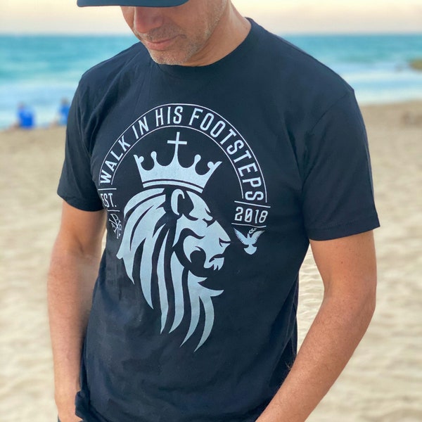 Walk In His Footsteps. Lion of Judah Tee. Premium Men's/Unisex Christian T-Shirt. Men's Lion Shirt. Christian Apparel. Christian Clothing.