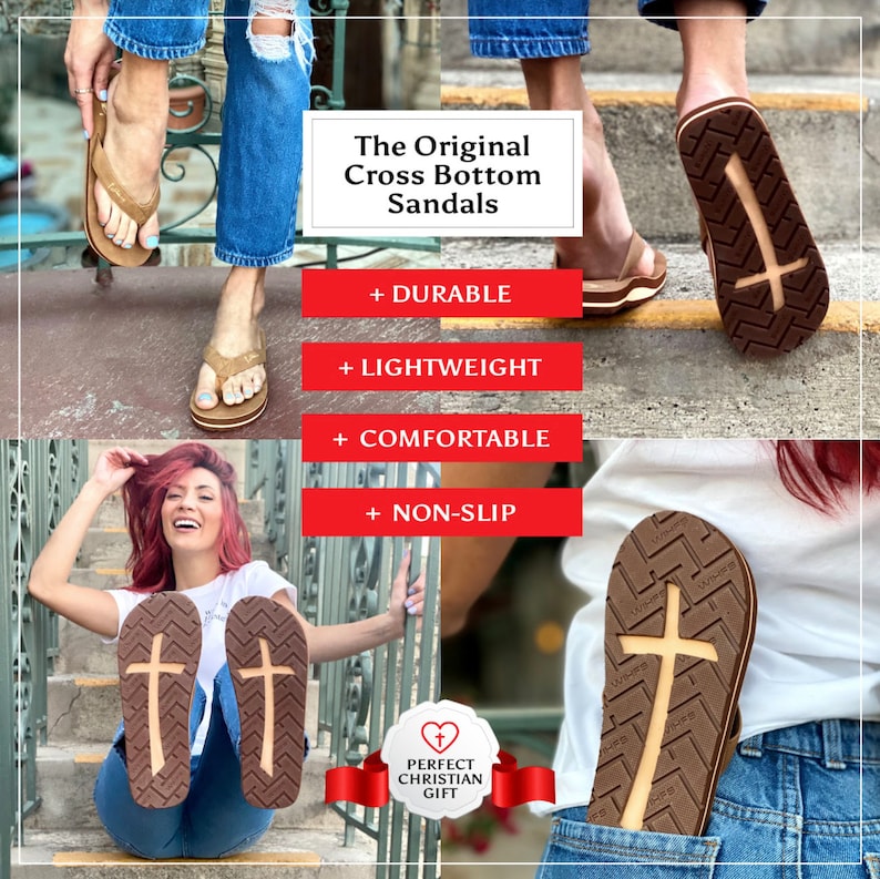 Op de afbeelding: Bruine sandalen met een kruisontwerp op de zool. De sandalen worden getoond op de voeten van een persoon en in een achterzak. De tekst "The Original Cross Bottom Sandals" wordt in rood weergegeven. De tekst "+ DURABLE", "+ LIGHTWEIGHT", "+ COMFORTABLE" en "+ NON-SLIP" wordt in rood weergegeven. Een rood hart met de tekst "PERFECT CHRISTIAN GIFT" wordt weergegeven.