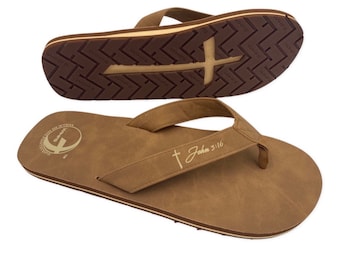 Mens Christian Flip Flops, Brown Sandals, John 3:16, Cross Sole
