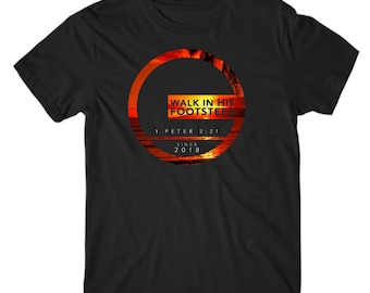 Walk In His Footsteps. Red Sunset Circle Tee. Premium Men's/Unisex Christian T-Shirt. Christian Apparel. Christian Clothing. 1 Peter 2:21.