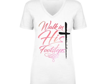 Walk In His Footsteps Tee - Premium Christian Women's V-Neck