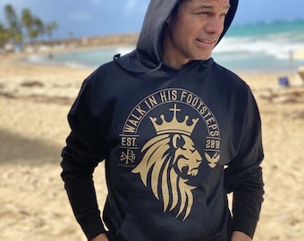 Lion of Judah Hoodie, Unisex Christian Apparel, Black Gold Logo Pullover
