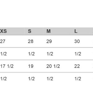 May include: Size guide chart for clothing with measurements in inches. The chart shows sizes from XS to 4XL and includes body length and width measurements with a tolerance of 1/2 inch.