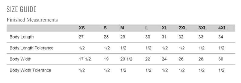 May include: Size guide chart for clothing with measurements in inches. The chart shows sizes from XS to 4XL and includes body length and width measurements with a tolerance of 1/2 inch.