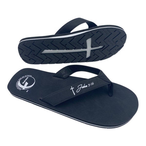 Unique Mens Sandals, Mens Flip Flops, Christian Clothing, John 316, christian Gift for men and women, spread more of Jesus everywhere you go