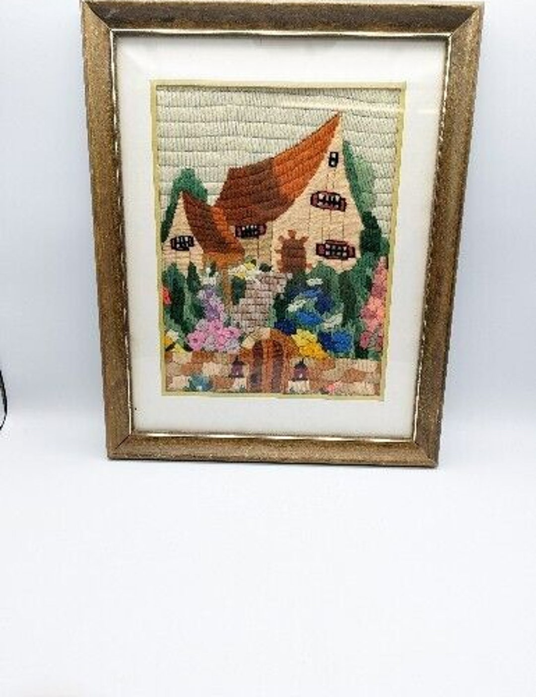 Vintage Crewel Work Embroidery house & Flower Garden Etsy