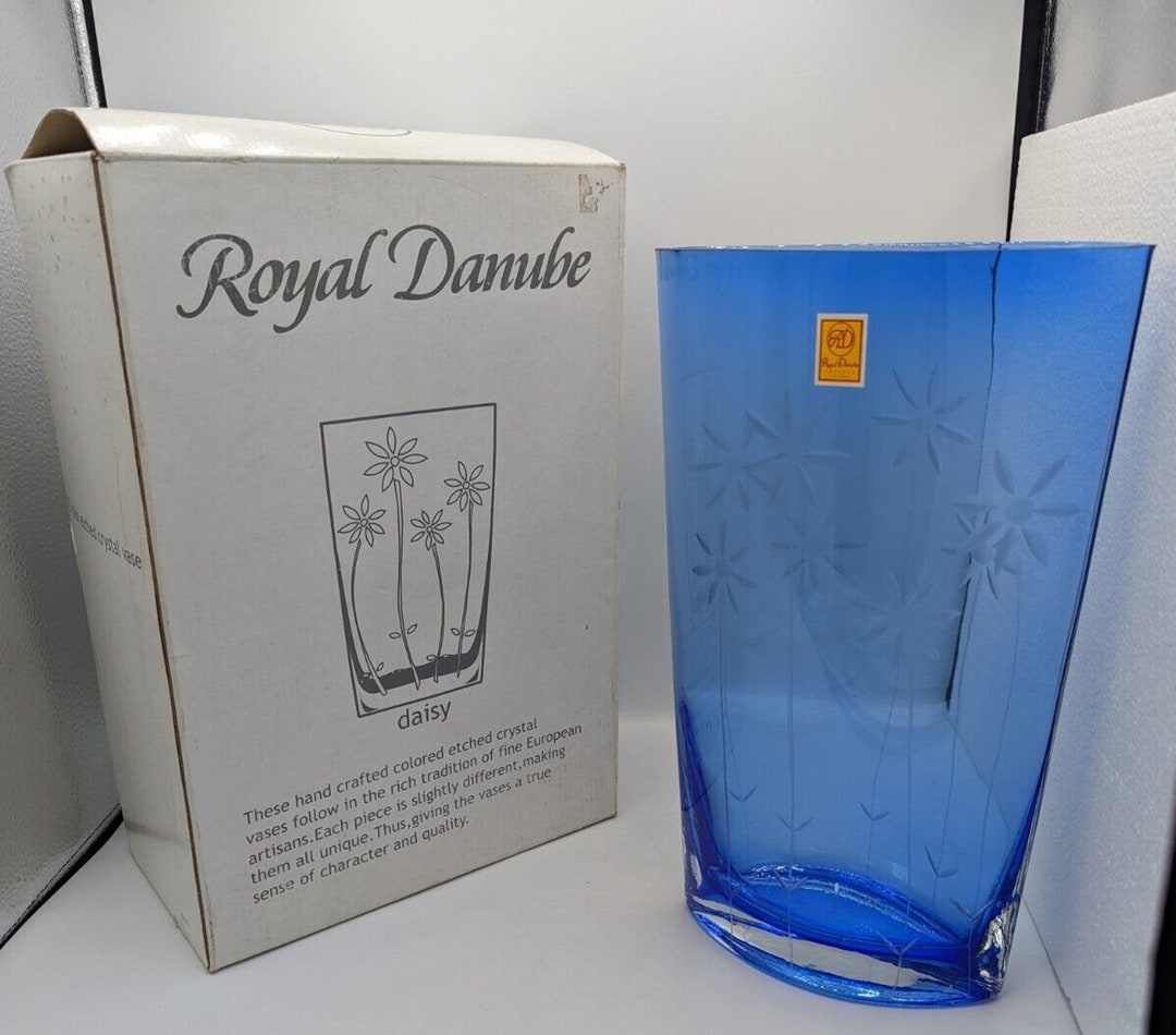 Royal Danube Etched Crystal Vase Cobalt Blue Daisy Floral Etsy