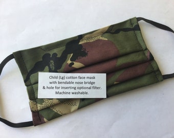 Camouflage print cotton face mask Adult/Teen/Child bendable nose bridge washable