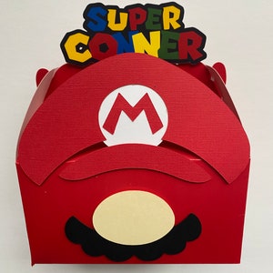 Mario themed party decorations, Super Mario gable favor boxes.