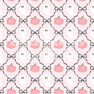 Puede incluir: Patrón repetitivo con fantasmas blancos, calabazas rosas y lazos negros sobre un fondo rosa claro. El diseño está dispuesto en forma de cuadrícula, creando un tema de Halloween caprichoso y festivo.