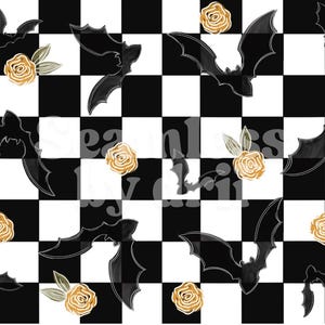 Puede incluir: Patrón sin costuras con murciélagos negros y rosas doradas sobre un fondo a cuadros blanco y negro. Los murciélagos están en vuelo, y las rosas tienen hojas verdes. Adecuado para proyectos de Halloween o de temática gótica.