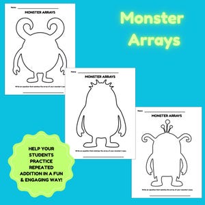 以下が含まれることがあります： 「Monster Arrays」と題された3枚の白い教育用ワークシート。黒い線画で描かれた異なるモンスターが特徴です。各ページには名前を書くスペースがあり、モンスターの目の配列に一致する方程式を書くようにという指示が記載されています。