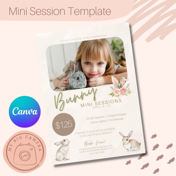 Easter Bunnies Mini Sessions Promo Template for Photographers, Canva Template, Spring Minis Advertisement, Digital Download, 5"x7"