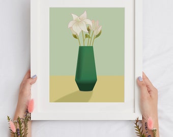 A Beautiful Bunch of Everlasting Flowers in a Green Vase. Graphic art print.