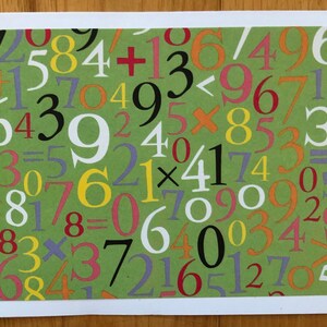 May include: A green background with a pattern of colorful numbers and mathematical symbols. The numbers are in various fonts and sizes, and the symbols include plus, minus, multiplication, division, equals, and less than signs.