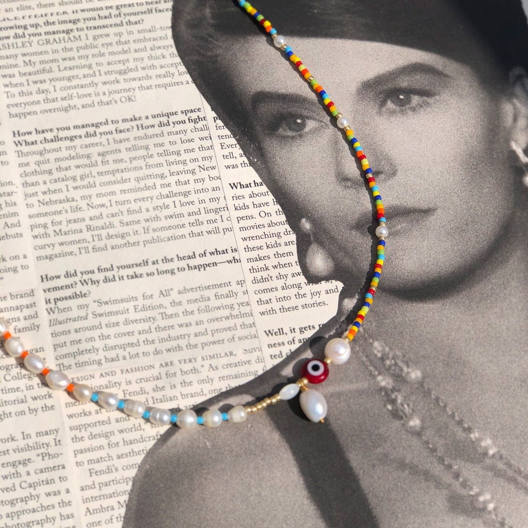 Mixed Pearl Beaded Necklace Funky Half Pearl Necklace With Etsy