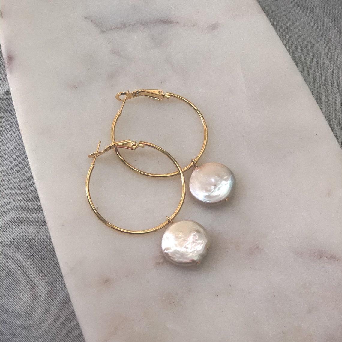 Drop Pearl Hoop Earrings Gold Dangle Hoops with Pearl Charm Etsy