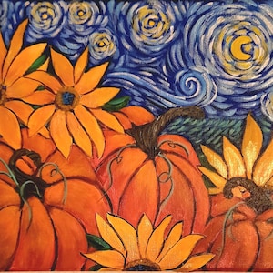 May include: A painting of pumpkins and sunflowers against a blue starry night sky. The pumpkins are orange and red, and the sunflowers are yellow. The sky is painted in a swirling style, reminiscent of Van Gogh's Starry Night.