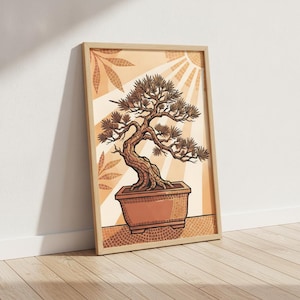 Minimalist Bonsai Tree in Clay Pot Art Print, Mid Century Japanese Linocut Illustration, Zen Bedroom Wall Decor, Housewarming Gift