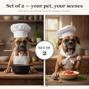 Set of 2 Chef Pet Portraits Custom from Photo | Funny Dog Cat Kitchen Wall Art, Pick Your Scenes, Digital Download