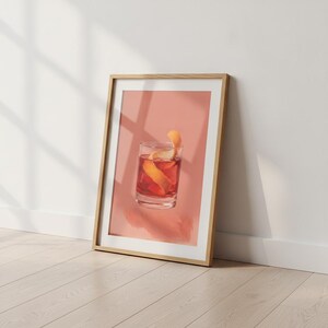 Rubinröd Negroni Cocktail Konsttryck, Retro Mid Century Bar Cart Poster Linoleumsnitt Stil, Hembar Väggdekor, Födelsedagspresent till värd