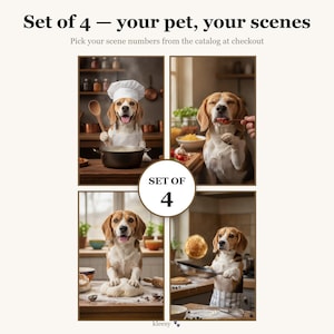 Set of 4 Chef Pet Portraits Custom from Photo | Funny Dog Cat Kitchen Wall Art, Pick Your Scenes, Digital Download