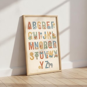 Linocut Alphabet Illustrated Chart, Mid Century Vintage ABC Poster, Kids Playroom Wall Art Decor, Cute Educational Baby Shower Gift