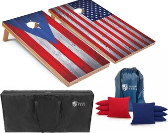 Tailgating Pros 4'x2' Puerto Rico/US Flag Cornhole Boards w/ Carrying Case & set of 8 Bags! LED Light Options!