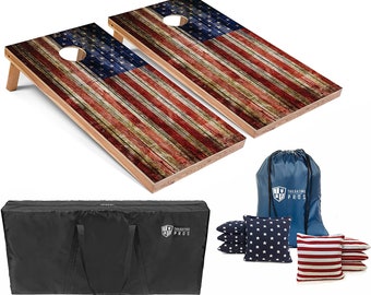 Tailgating Pros 4'x2' American Flag Wooden Plank Cornhole Boards w/ Carrying Case & set of 8 Bags! LED Light Options!