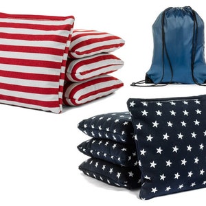 May include: Set of four red and white striped bean bags and four blue bean bags with white stars, along with a blue drawstring bag.