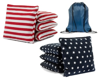 Stars and Stripes - 8 Regulation Corn Hole Bags with Drawstring Tote! American Flag Bag! High Quality