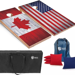 May include: Two wooden cornhole boards with a red, white, and blue American flag design and a red maple leaf on a white and red Canadian flag design. The boards are on a white background. The boards come with a black carrying case, a blue drawstring bag, and eight bean bags, four red and four blue.