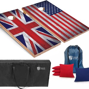 May include: Two wooden cornhole boards with a distressed wood look and American and British flag designs. The boards are set up for a game of cornhole. The set includes a carrying bag, bean bags, and a drawstring bag.