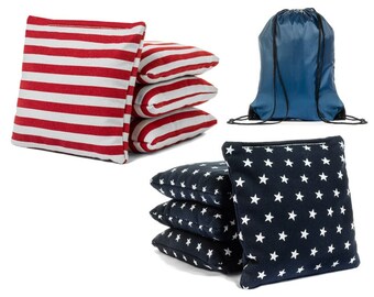 Stars and Stripes All Weather Cornhole Bags with Drawstring Tote! American Flag Bag! - Resin Filled!