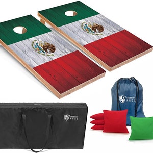 May include: Two wooden cornhole boards with a Mexican flag design. The boards are set up for a game, with bean bags in the foreground. The bean bags are red, green, and blue. The boards are also included in a black carrying case with the words "Tailgating Pros" printed on it.